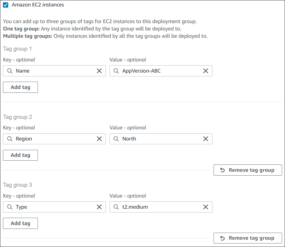 The CodeDeploy console showing three tag groups with one tag in each.