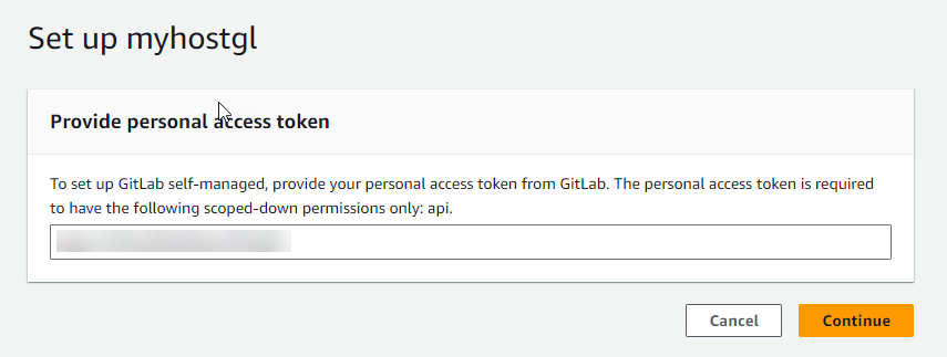 
                            Console screenshot showing GitLab self-managed personal access
                                token entry for the new host
                        