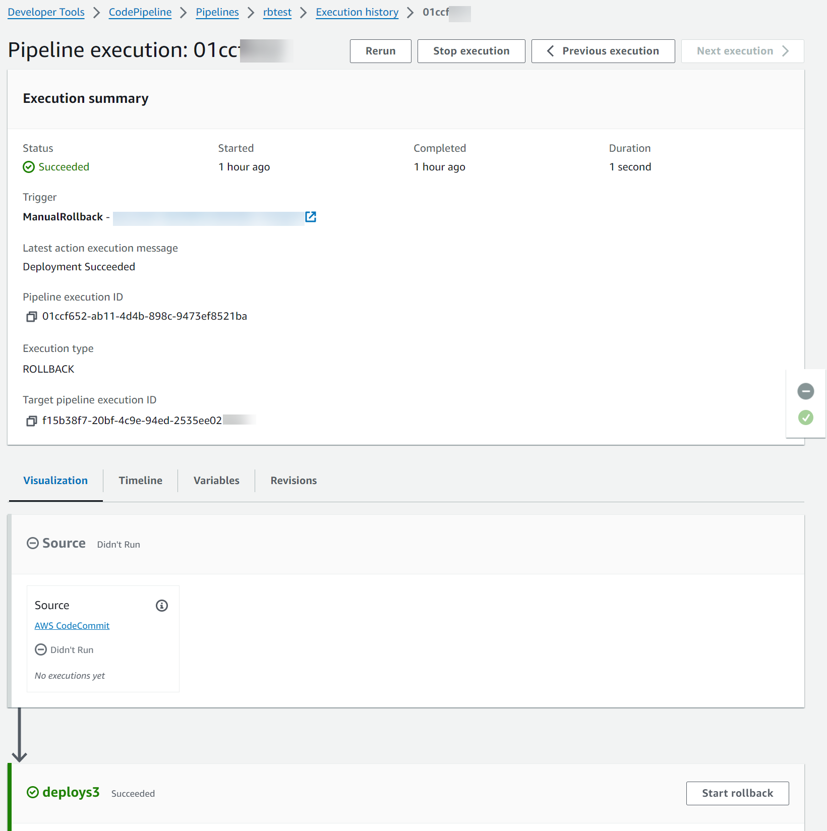 An example status page showing the target pipeline execution ID field in CodePipeline.
