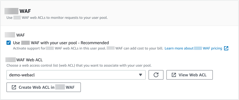 Screenshot of the Amazon WAF dialog box with Use Amazon WAF with your user pool selected.