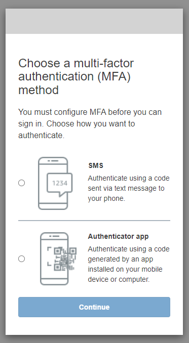 hosted UI sign-up presenting a choice of SMS or authenticator app multi-factor authentication.
