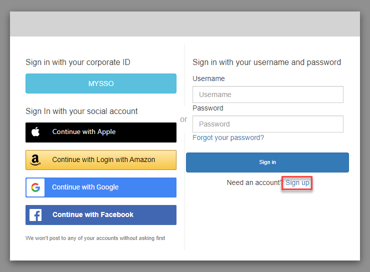 hosted UI sign-in page with several sign-in providers