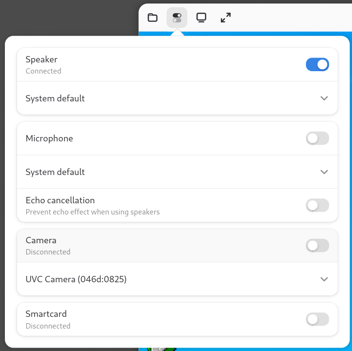 Devices menu showing the Camera toggle and a camera selection drop-down.