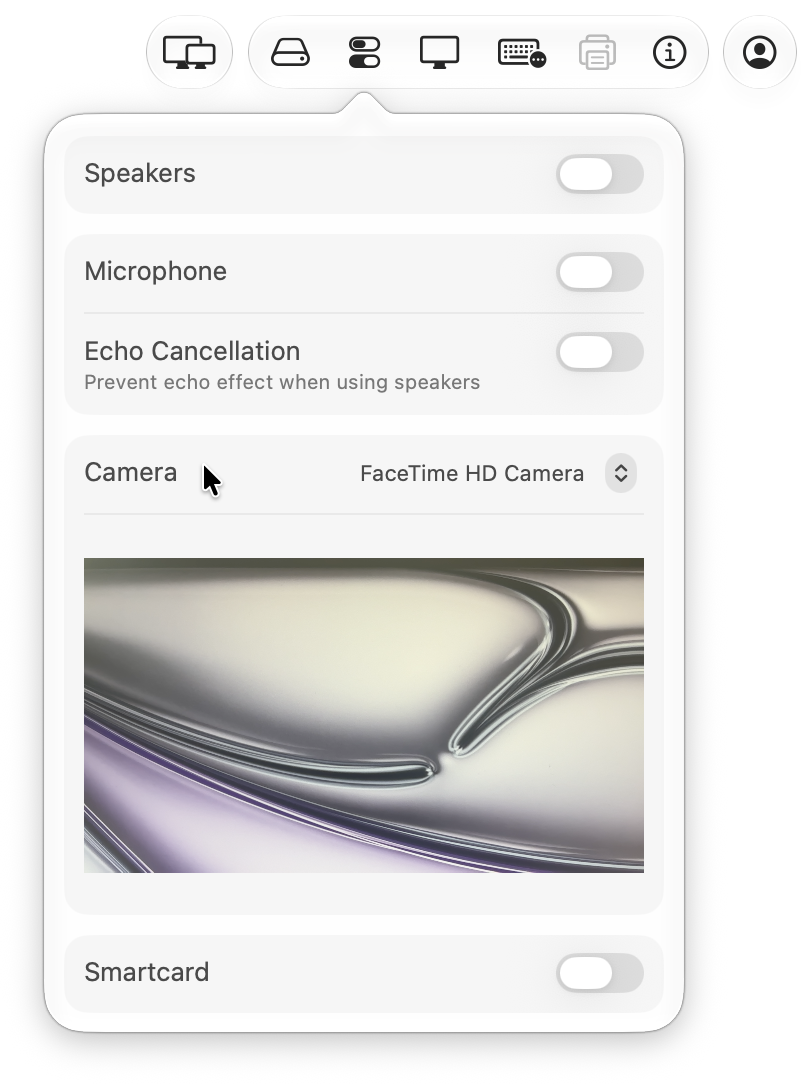 Devices toolbar showing the Camera selection menu with live preview.