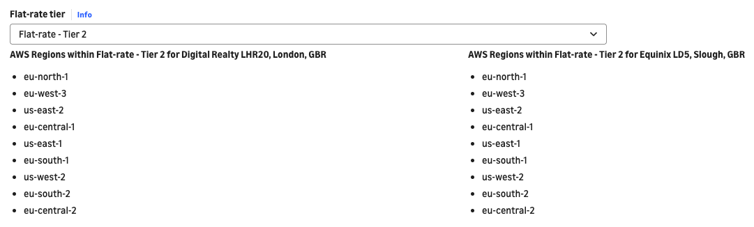 The flat-rate tier selector set to Tier 2, listing the Amazon Web Services Regions covered for two Amazon Direct Connect locations, Digital Realty LHR20 (London) and Equinix LD5 (Slough). Both locations cover the same nine Regions: eu-north-1, eu-west-3, us-east-2, eu-central-1, us-east-1, eu-south-1, us-west-2, eu-south-2, and eu-central-2.