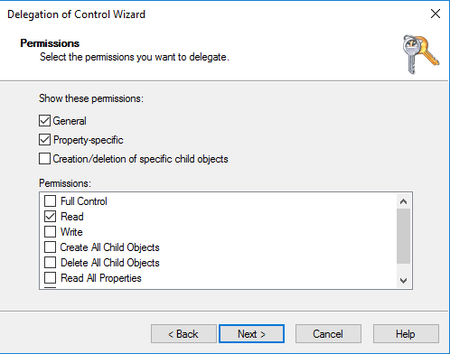 
                            Delegation of Control Wizard - Under Show these permissions, general, property-specific, and read are selected.
                        