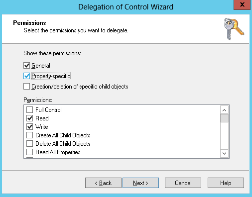 
              Delegation of Control Wizard - Under show these permissions, general, property-specific, and read are selected.
            