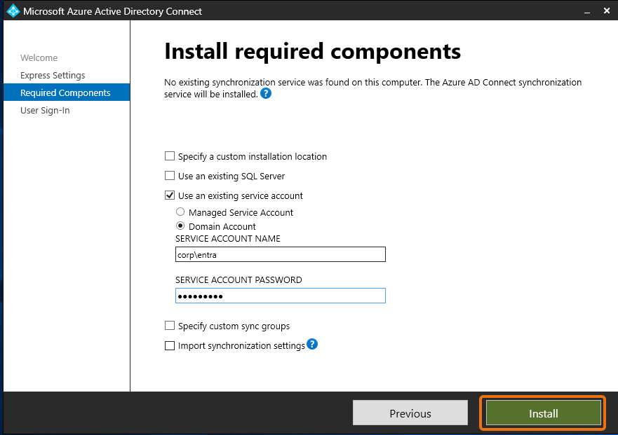 Install required components window with use existing service account and domain account selected, and the service account name and password provided.