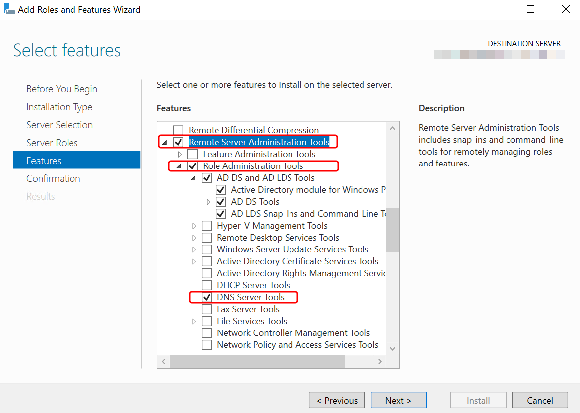 
                        Installing Microsoft AD Tools - Add Roles and Features Wizard - Features Tree with tools selected.
                    