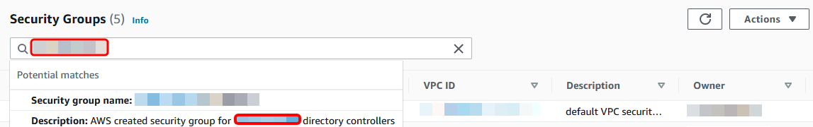 
                                In the Amazon VPC Console, search results for the security group for the directory controllers are highlighted.
                            