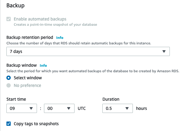 Database backup settings required for ongoing replication.