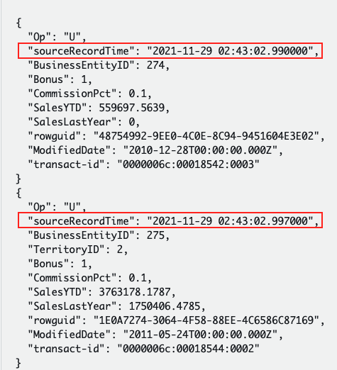 Time difference between two operations in the sourceRecordTime field.