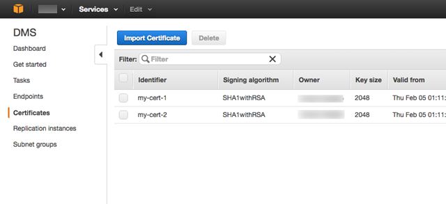 
                     Amazon Database Migration Service SSL certificate management
                