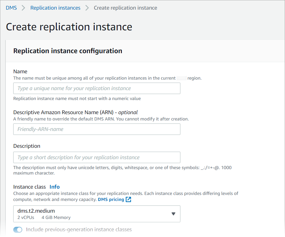 
                Create replication instance
            