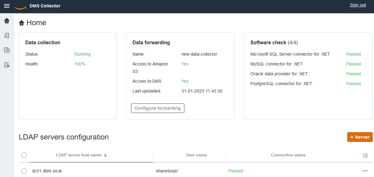 Amazon DMS data collector home page.
