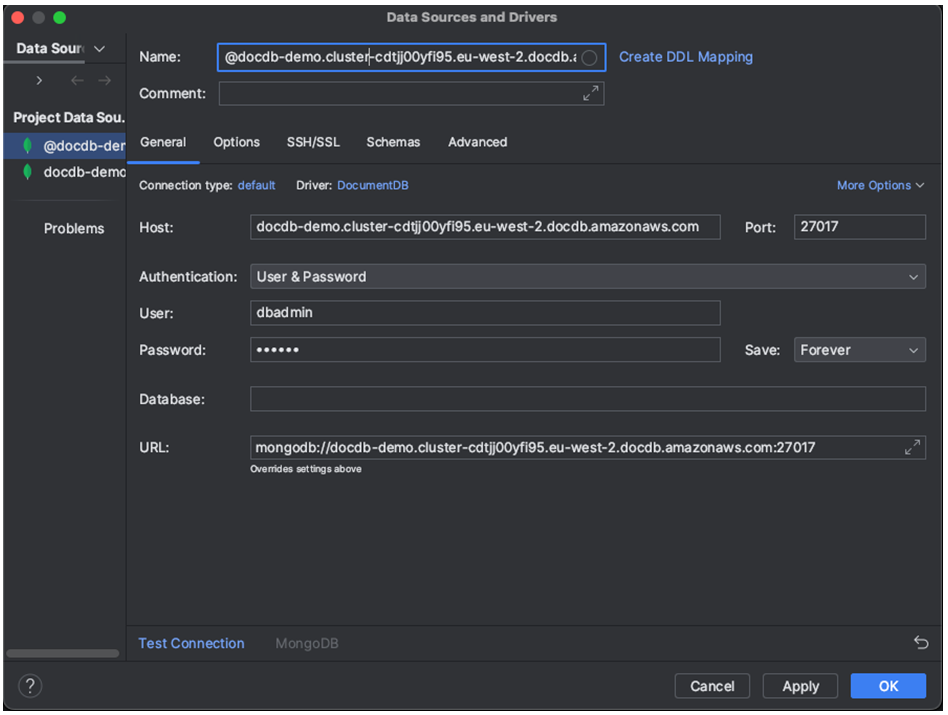 Host, port, authentication, database, and URL fields in the General tab on the Data Sources and Drivers interface.