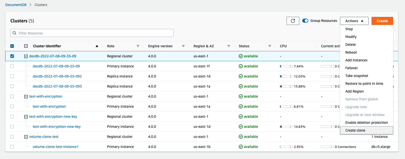Creating a clone starts by selecting your Amazon DocumentDB cluster.