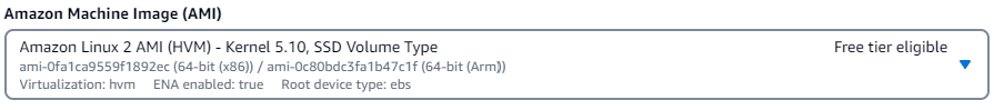 The Application and OS Images interface with the Amazon Linux 2 AMI option selected in the Quick Start section.