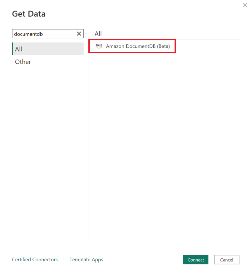 The Get Data interface with Amazon DocumentDB (Beta) option highlighted.