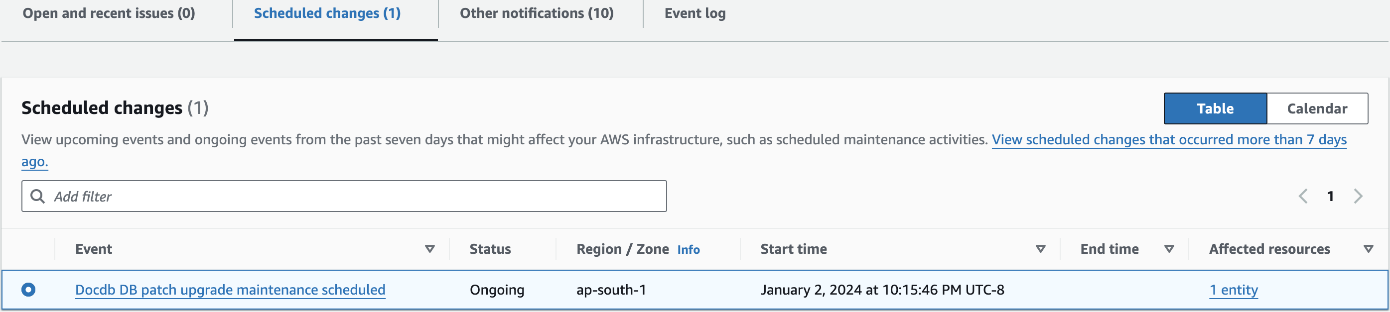 
            Amazon DocumentDB console showing the Scheduled changes tab for engine patch upgrades.
         