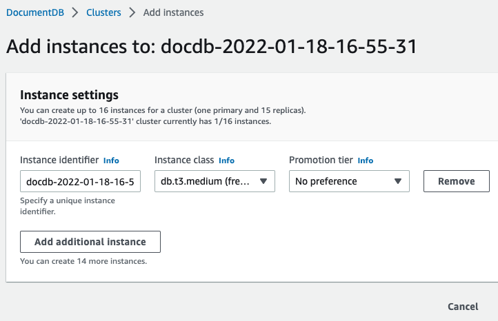 The Add instances form with options for instance settings.