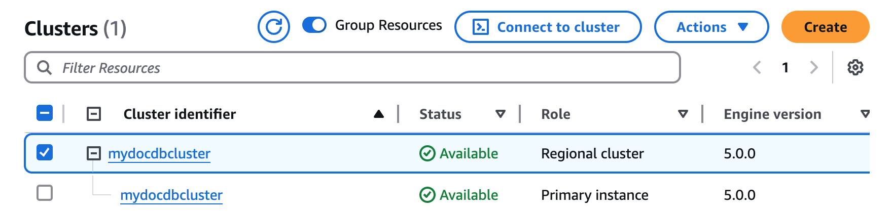 Amazon DocumentDB cluster management interface showing a regional cluster with primary instance details