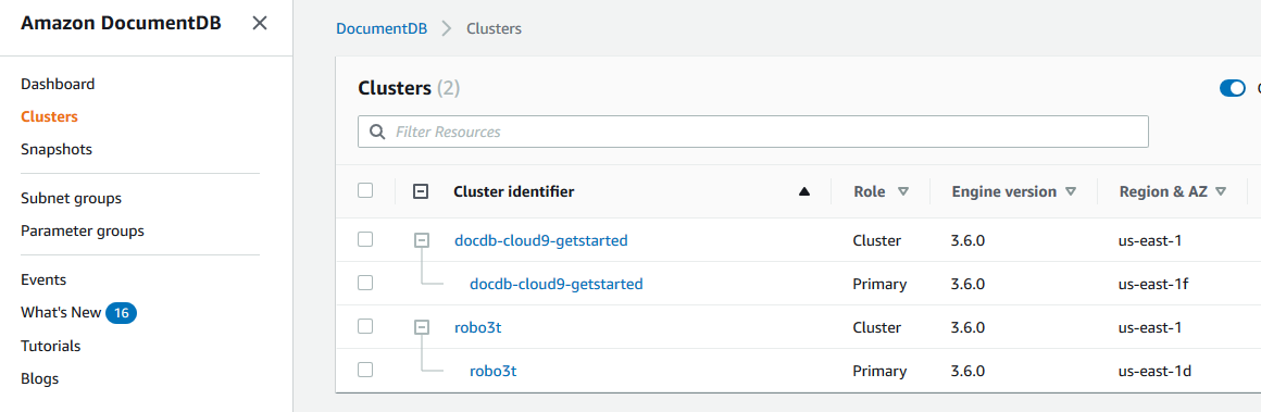 Image of the Clusters navigation box showing a list of existing cluster links and their corresponding instance links.