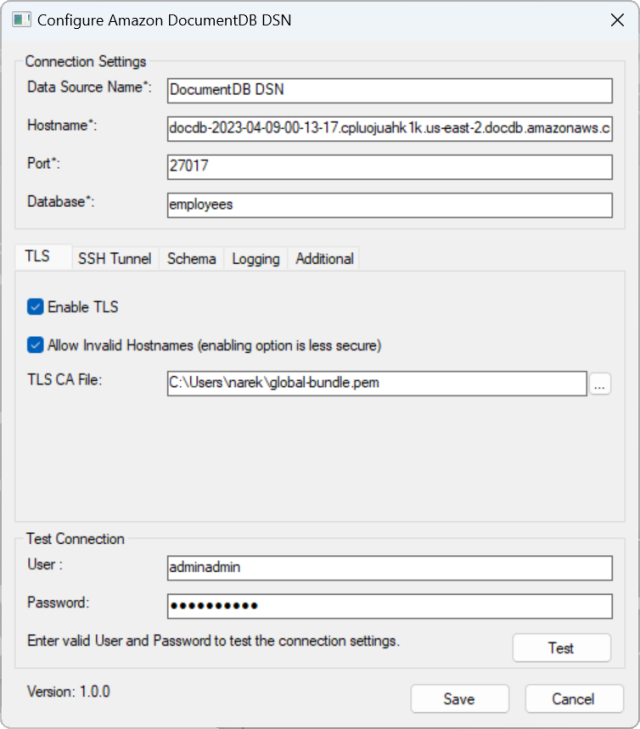 The Configure Amazon DocumentDB DSN interface with Connection Settings, TLS, and Test Connection fields. The Save button is on the bottom.