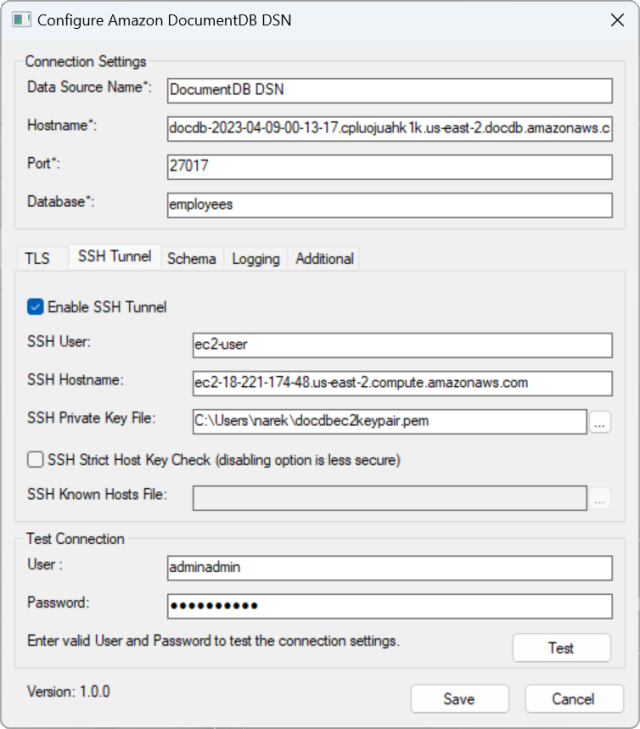 The Configure Amazon DocumentDB DSN interface with SSH Tunnel fields completed.