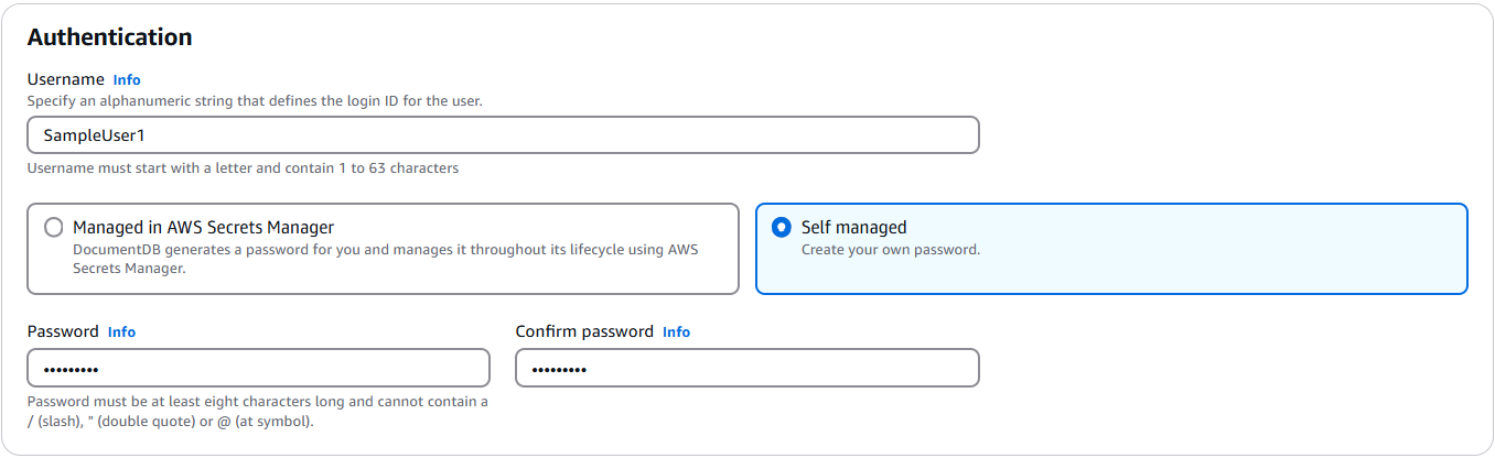 Authentication type selection with Managed in Amazon Secrets Manager option highlighted and both authentication types described.