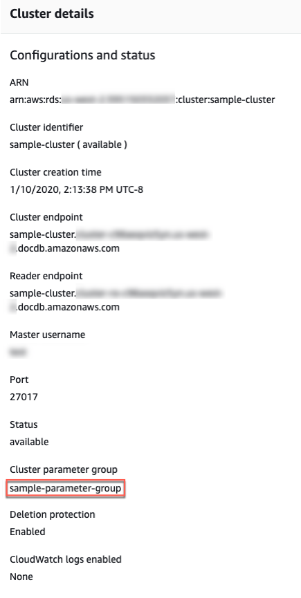 Screenshot: Showing a cluster's parameter group.