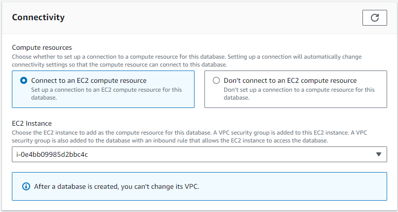 Connectivity interface with the Connect to an EC2 compute resource option selected.