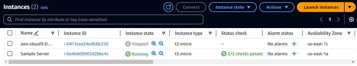 Instances table listing two instances on the Amazon EC2 console.