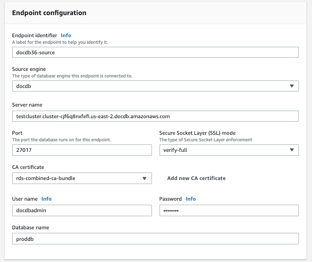 Image: An endpoint configuration dialog for the Amazon DMS source showing nine configurable fields and drop-down menus.