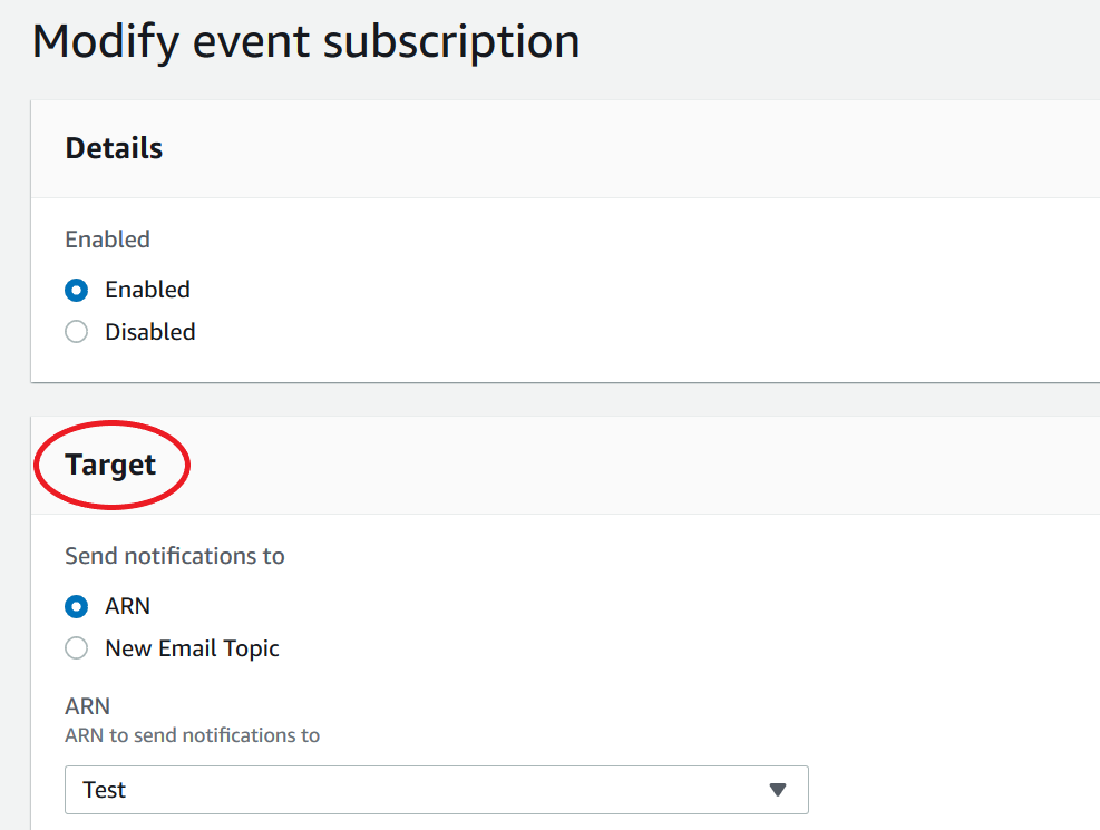 The Modify event subscription form highlighting the Target section.