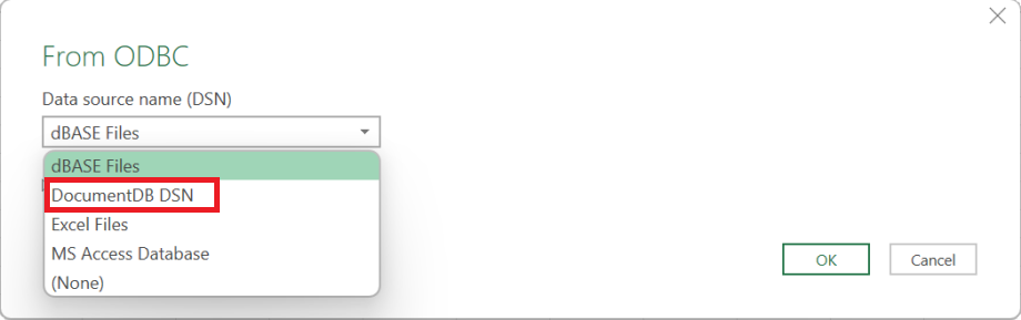 The Data source name dropdown with the DocumentDB DSN option selected.