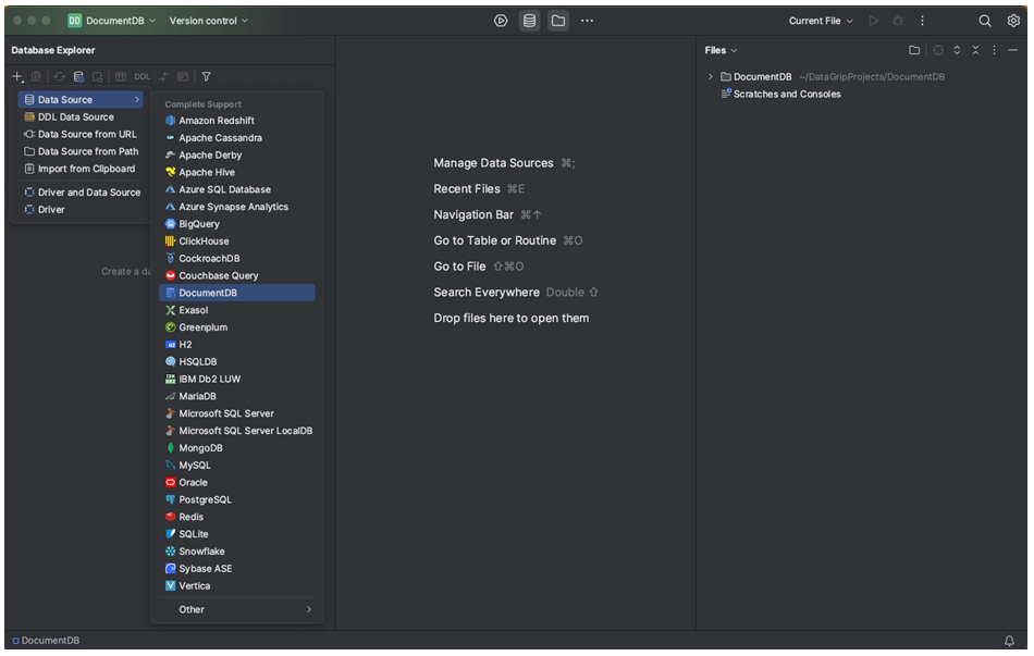 The dropdown list for + shows the Data Source submenu. DocumentDB is selected from that submenu.