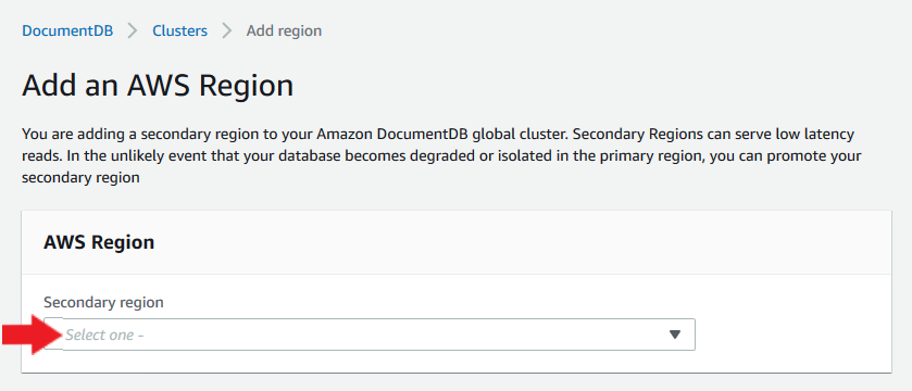 Choose a secondary region using the dropdown menu on the Add an Amazon Web Services Region form.