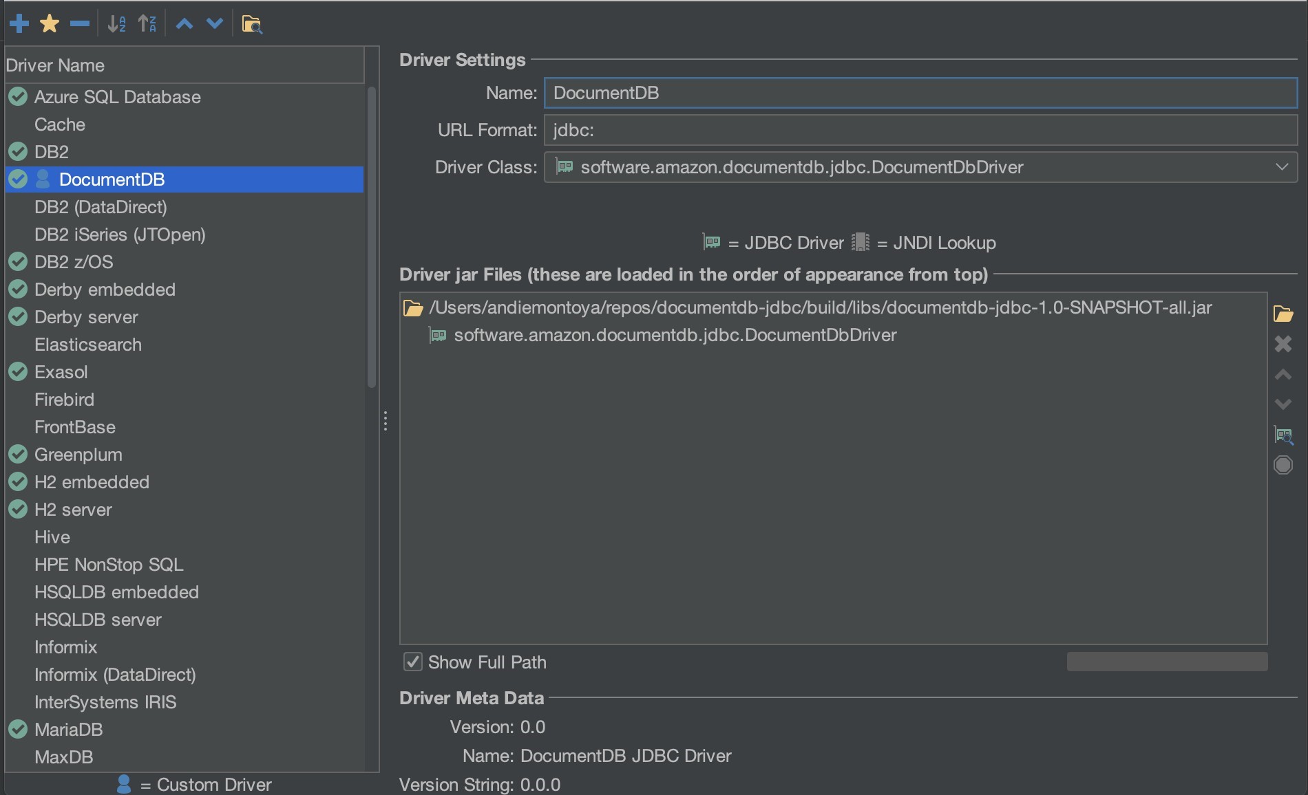 Driver Settings interface in DbVisualizer with Amazon DocumentDB name, URL format, and driver class configurations inputted.