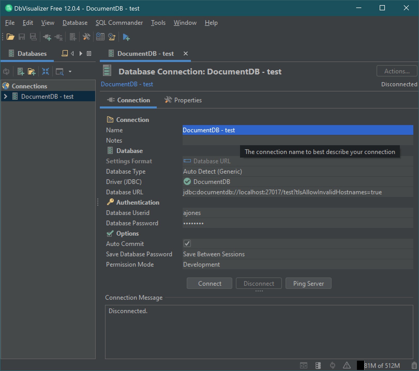 Database Connection interface with DocumentDB settings.