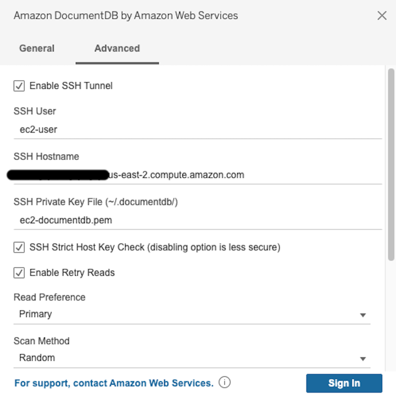 Advanced tab in Amazon DocumentDB connector interface with Enable SSH Tunnel selected and additional SSH input fields shown.