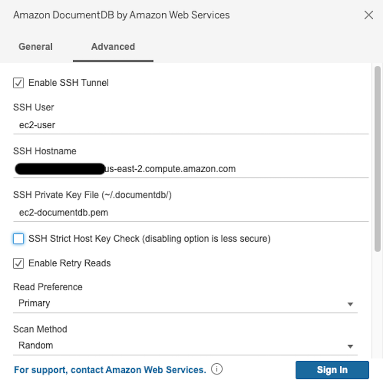Advanced tab in Amazon DocumentDB connector interface with SSH Strict Host Key Check option disabled.