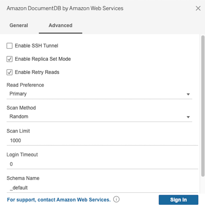 Advanced tab in Amazon DocumentDB connector interface showing additional connection options.