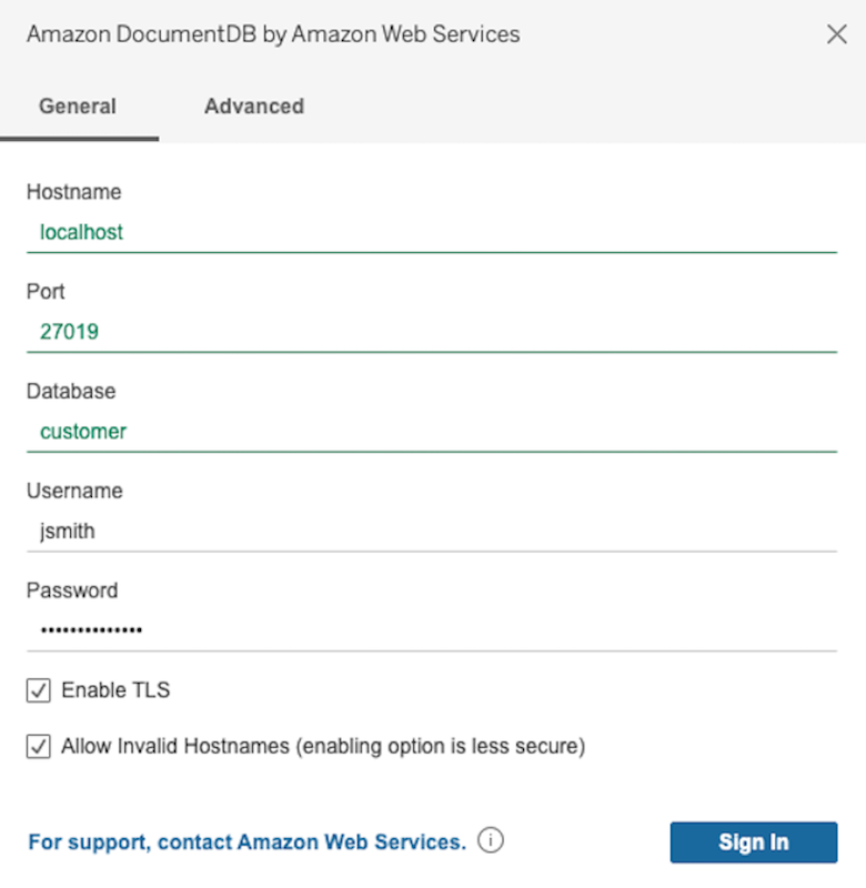 General tab in Amazon DocumentDB connector interface showing hostname, port, database, username, and password fields.