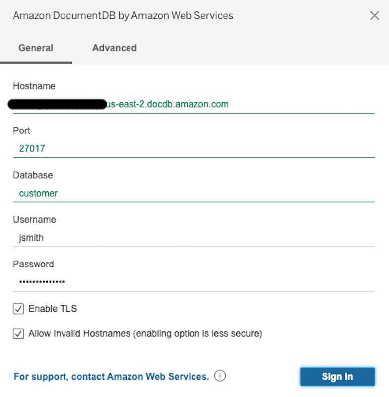 General tab in Amazon DocumentDB connector interface showing hostname, port, database, username, and password fields.