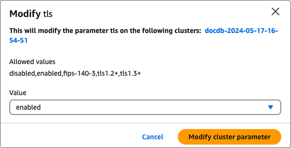 Image of a cluster-specific Modify TLS dialog box.