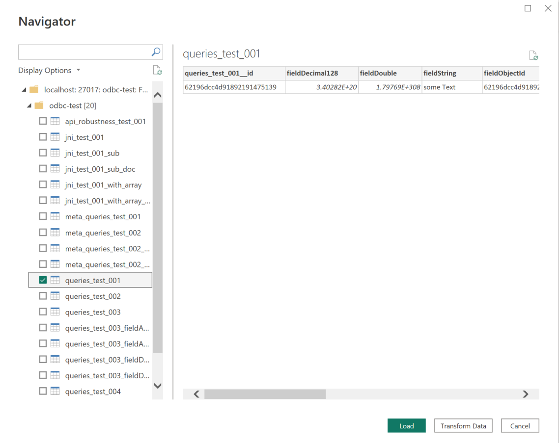 Navigator interface showing list of database tables to choose from. The Load and Transform Data buttons are in the bottom right.