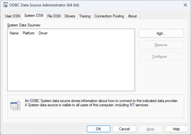 ODBC Data Source Administrator interface showing Add button.