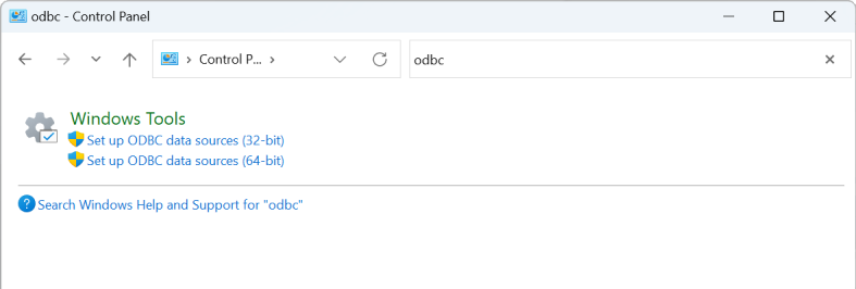Windows Control Panel interface showing setup links for ODBC 32-bit and 64-bit data sources.