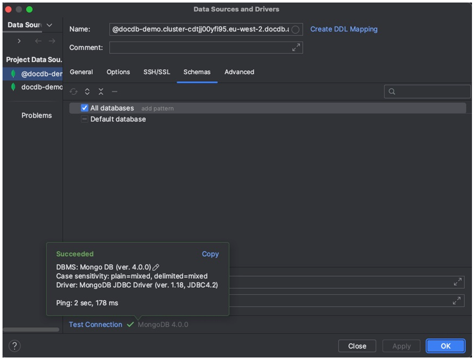 The Schemas tab in the Data Sources and Drivers interface with the All databases option selected. A Succeeded message appears above the Test Connection link.